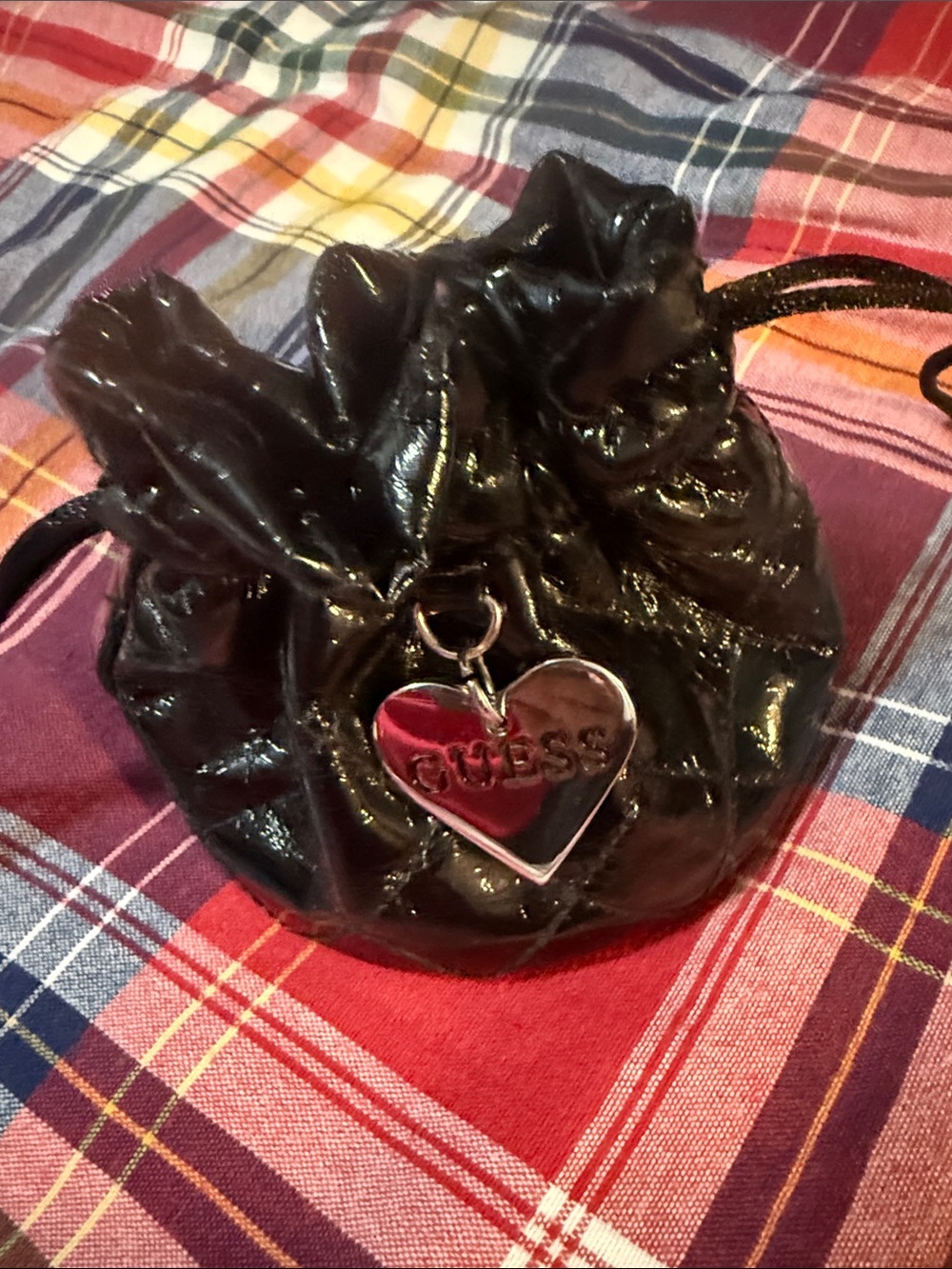 Guess Black Patent Mini Drawstring Pouch with Heart Charm